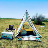 Our Cowboy Range Tipi/Teepee is fully ready to set up with an L zipper door, canvas floor and include poles, stakes and tent bag. 